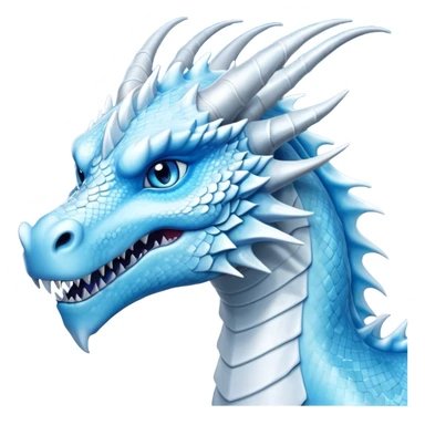 Cinematic Noble elegant Ice Dragon Portrait Emoji, Poised and imposing, distinct long elegant snout, with a slender, scaled body shimmering in glacial hues of icy blue, frostbitten silver, and crystalline white, breathing out frost, with piercing, glowing blue eyes that radiate the chilling depths of an arctic storm; rendered in detail. sticker