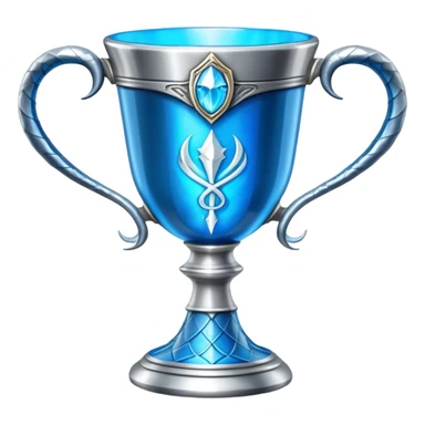 exact movie-accurate Triwizard Cup from Harry Potter, wide chalice with angular facets, two distinct silver snake handles curving upward, bright blue glow inside sticker