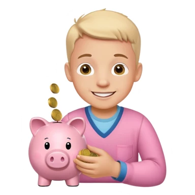 smiling boy carefully putting coins and bills into piggy bank sticker