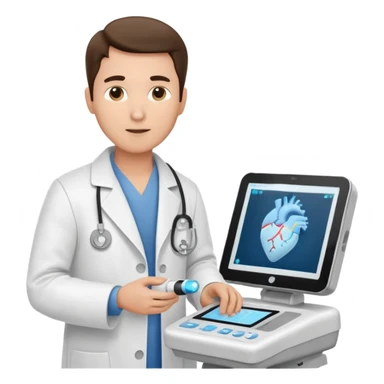 Cardiac sonographer male long white coat GE machine sticker