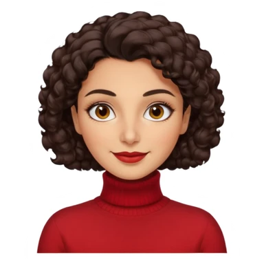 30 yr iranian woman dark brown hair curly wavy short hair, red turtle neck sweater, thick eyebrows sticker