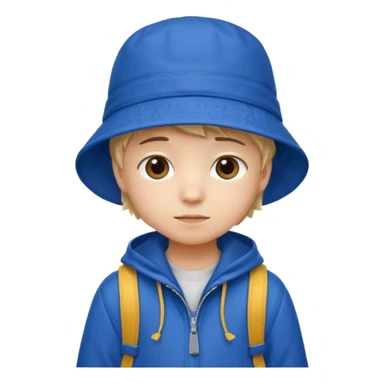 Little student wears blue bucket hat and jacket, backpack, shy sticker