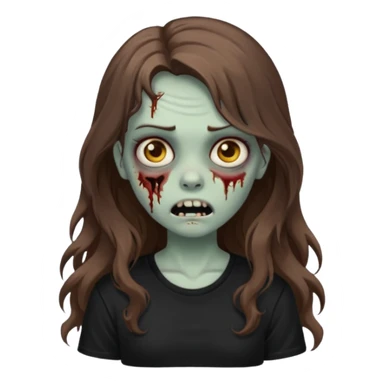 crie um emoji de uma garota zoombie cabelo castanho e longo , assustadora e fofa com cabelo ondulado 2b e camiseta básica preta sticker