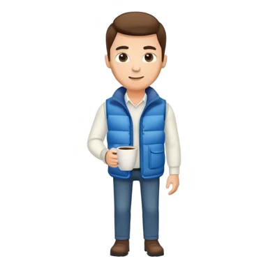 full body man wearing long sleeve white shirt with blue puffy winter vest holding a cup of coffee in front of him sticker
