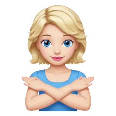 Girl Blonde short wavy hair,  blue eyes, cute blue top, long lashes, pink lips, smiling, making cross arms X with arms  sticker