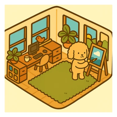 Add a single paintbrush to the character's paw, making it appear as if the character is painting on the canvas on the easel. Keep the original style, colors, and strokes exactly the same, only include the paintbrush and the action of painting without altering anything else. sticker