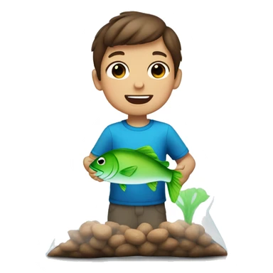 Little boy with brown hair holding a blue and green fish in a clear plastic bag sticker