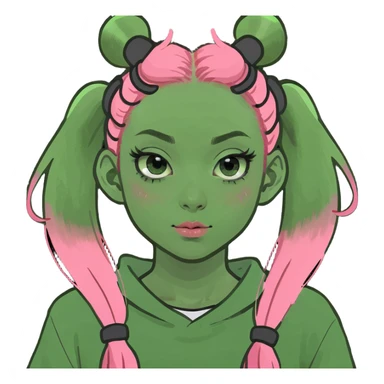 Girl with full lips grinning big, squinty eyes, and long eyelashes. Pink long hair with long bangs at the front, and two space buns on top of her head sticker
