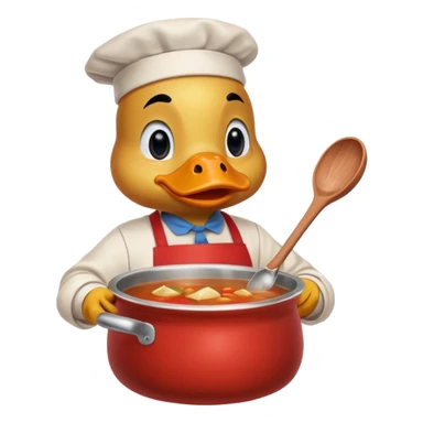 A duck wearing red apron stirring soup in a small pot, looking very focused. sticker