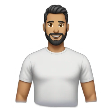 man with high bun and beard with t shirt sticker