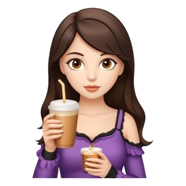 white brunette with brown eyes and a coquette outfit, drrinking caramel machiatto sticker