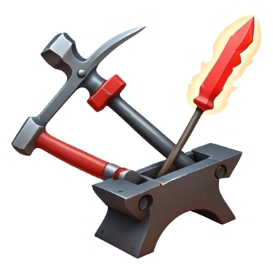 Blacksmithing icon, forged metal piece being shaped with hammer and anvil, glowing red-hot metal, blacksmith tools like tongs and chisel, sparks flying, minimalistic style, clean lines, transparent background. sticker