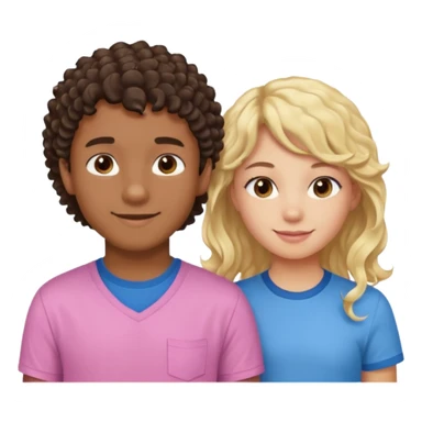 Menino de pele morena de olho castanho meio preto e cabelo cacheados ralo e blusa azul e menina loira de cabelos longos e franja na testa sorrindo com blusa rosa sticker