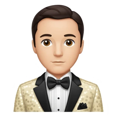 Gene Kelly with dark brown hair, cream sequin suit with bow tie sticker