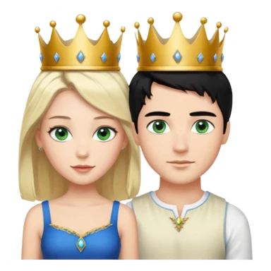 Prince with crown, black hair, blue eyes, woman blonde hair, green eyes, sexy white short sleveless dress,  sticker