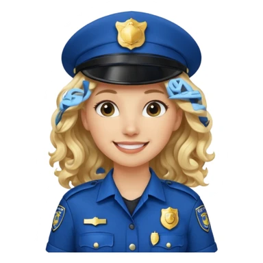 Female POLICE IN blue, long blonde curly hair, happy smile sticker