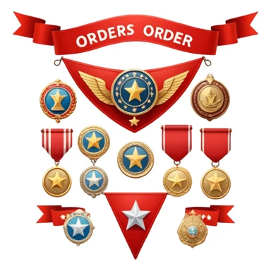 Icon for Collecting Orders, Medals & Badges: a variety of vintage orders and badges, displayed neatly on a big red pennant. The icon should reflect the honor and historical significance of these collectible items. Transparent background. sticker