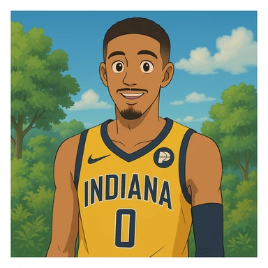 Ghibli-inspired Tyrese Haliburton, Indiana Pacers uniform, friendly expression, lush background, animated look sticker