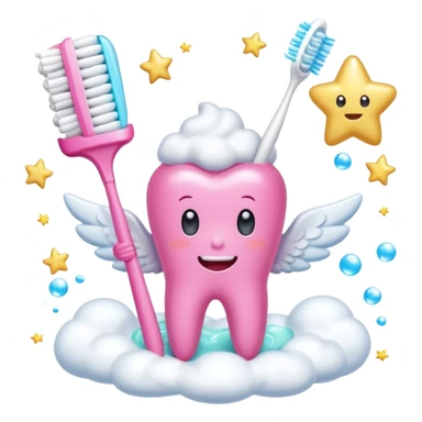Giant cartoon toothbrush, pink toothbrush, cute molar character with angel wings, tube of pastel toothpaste, sparkles, magical sparkles, shooting stars, fluffy white clouds, soap bubbles, floating tooth fairy coins. sticker