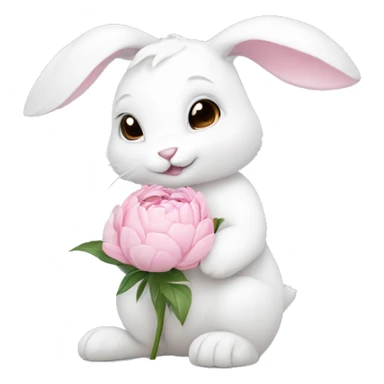 cute white bunny holding light pink peonies sticker