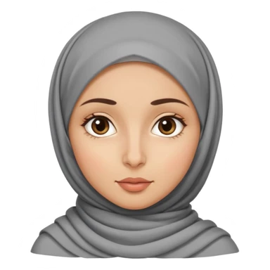 A girl in a French hijab, with an oval face, medium-sized forehead, wide eyes, straight nose, and full lips. She has thick, wavy hair and medium-toned skin with straight eyebrows sticker