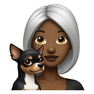 A curvy African American woman with dark skin and straightened black hair holding a black and brown chihuahua  sticker