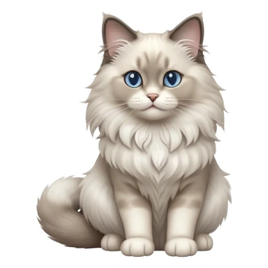 cinematic-[Ragdoll cat]-realistic-full-body-sitting-emoji,-tail-curled-playfully-around-its-paws,-head-tilted-dramatically,-fluffy-[grey ragdoll cat]-fur,-simplified-yet-realistic-focused-features,-highly-detailed,-glowing-with-an-almost-sarcastic-glow sticker