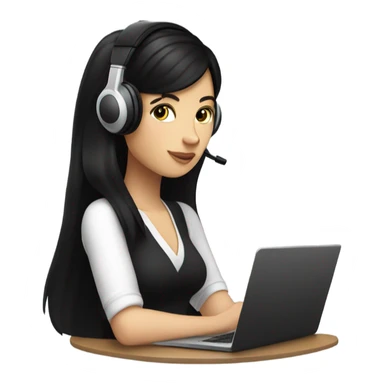 black hair white girl in a black headphones，sipping an iced Americano while holding a laptop sticker