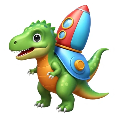 cute toy-like rocket-propelled dinosaur, rounded shapes, glossy texture, colorful rocket backpack, happy expression, 3D cartoon, mobile game icon style, clean background, no text, no watermark
 sticker