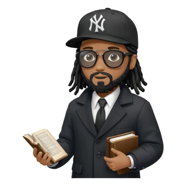African American man with shoulder length black dreadlocks with black beard wearing black sunglasses wearing a black bubble winter coat wearing a black New York Yankees logo baseball cap wearing a suit and tie walking with a Bible sticker