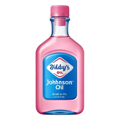 bottle of oil blue top pink outside with logo that says Diddys Oil Johnson and Johnson bottle  sticker