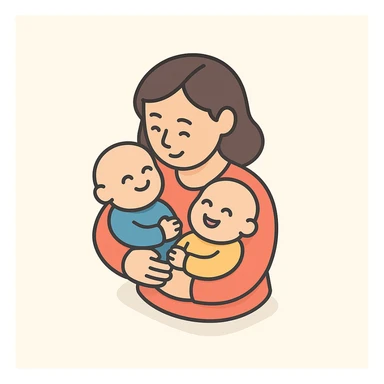 a mother hugging two babies close to her chest, both babies smiling, 2D isometric illustration style sticker