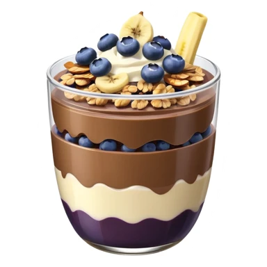 Açai bowl in a clear cup with layers of biscof , nutlella, granola, condensed milk and banana sliced and blueberrys on top sticker