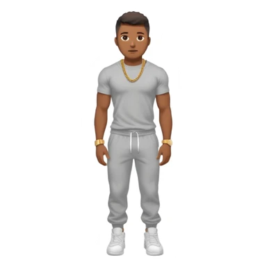 Handsome Black guy with brown skin tone, with muscular build, wearing gray sweatpants, a white t-shirt, white Air Force Ones sneakers, a small gold rope chain, and a gold watch  sticker