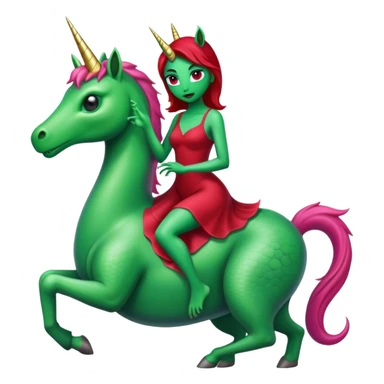 "reptilian green alien woman" in "dark red dress", rides, "unicorn white"
 sticker