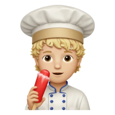 boy blonde curly hair, chef, eating ice pop sticker