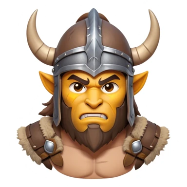 Cinematic Fierce Barbarian Portrait Emoji, Poised and bold with a rugged yet cartoonish build in tattered furs and a horned helmet, expressive bright eyes and a confident smirk, Simplified yet dynamic features, highly detailed, glowing with a vivid, adventurous aura, high shine, heroic and spirited, stylized with an air of medieval warrior charm, focused and energetic, soft glowing outline, capturing the essence of a fearless barbarian adventurer ready to lead his clan with spirited valor! sticker