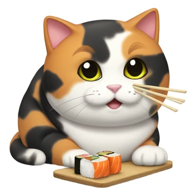 A chubby calico cat eating sushi sticker