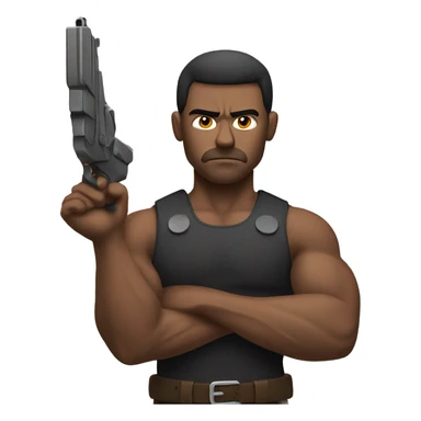 a sad muscular man with a gun sticker