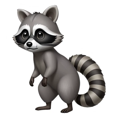 Cinematic-Raccoon-Realistic-Full-Body-Standing on all fours-Emoji – Tail flicking lazily, head tilted dramatically, thick grey fur with a signature black mask, sharp and alert ears, simplified yet realistic focused features, highly detailed, glowing with an almost sarcastic glow. sticker