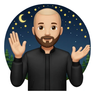 man with a shaved head and beard, in a black outfit, clapping hands, nighttime outdoor setting sticker