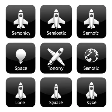 square minimal icons, space semiotic, black print on white background, square outline icons, minimalist symbols, transportation, economy, engineering, industry. Designed for signage.  sticker