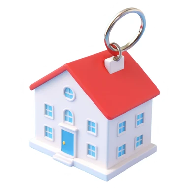 white keychain with a house-shaped key fob, 3D Emoji style, pure white color, soft shadows and highlights, transparent background, no decoration, side view sticker