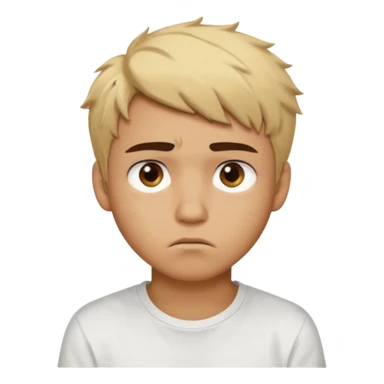 caramel skin color. Teen age. Short buzz, messy blonde hair, dark brown bushy eyebrows large expressive golden-brown eyes, brown skin color, scar over nose, wearing a plain white t-shirt. Disappointed thinking facial expression. caramel skin color. 20 year old male. sticker
