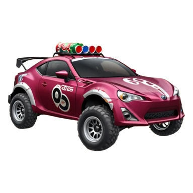 Distressed rusty old Extended wheelbase 2013 scion fr-s dark black cherry off road 4wd monster Baja dessert stadium racer number 86 with long travel suspension, shiny silver wheels, exaggerated black fender flares, made out of discarded Pepsi cans  sticker