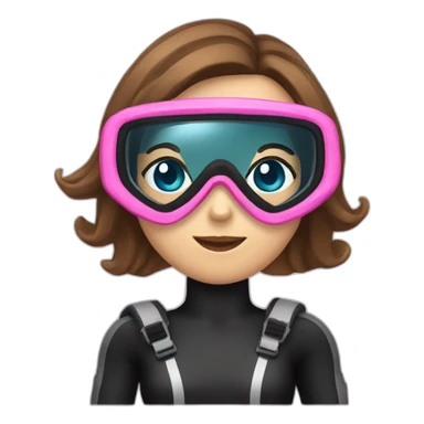 scubadiver woman, with brown and staright hair and black suit and Pink dive mask in her blue eyes sticker