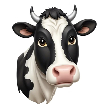 Cinematic Noble Black and White Cow Portrait Emoji, Poised and regal, with a large, sturdy build and a striking, well-groomed coat of pure black accented by crisp white patches, deep-set soulful brown eyes, Simplified yet sharp and sophisticated features, highly detailed, glowing with a soft, dignified glow, high shine, intelligent and calm, stylized with an air of modern elegance, focused and attentive, soft glowing outline, capturing the essence of a watchful and confident bovine guardian, so majestic it feels as though it could stride out of the screen with effortless authority! sticker