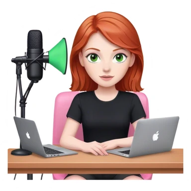 Redhead with green eyes sat at desk with pink MacBook and  podcast microphone black top and pink chair  sticker