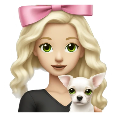 pale blond girl with wavy long platinum hair with green eyes holding a white chihuahua puppy that wearing a pink bow sticker