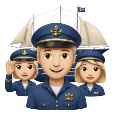 Emoji-style person taking a selfie with small sailing crew behind, rounded faces, soft shading, smiling, PNG cutout sticker